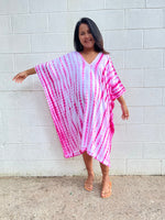 MALA handworks Fiona Midi Kaftan in White and Pink Tie Dye