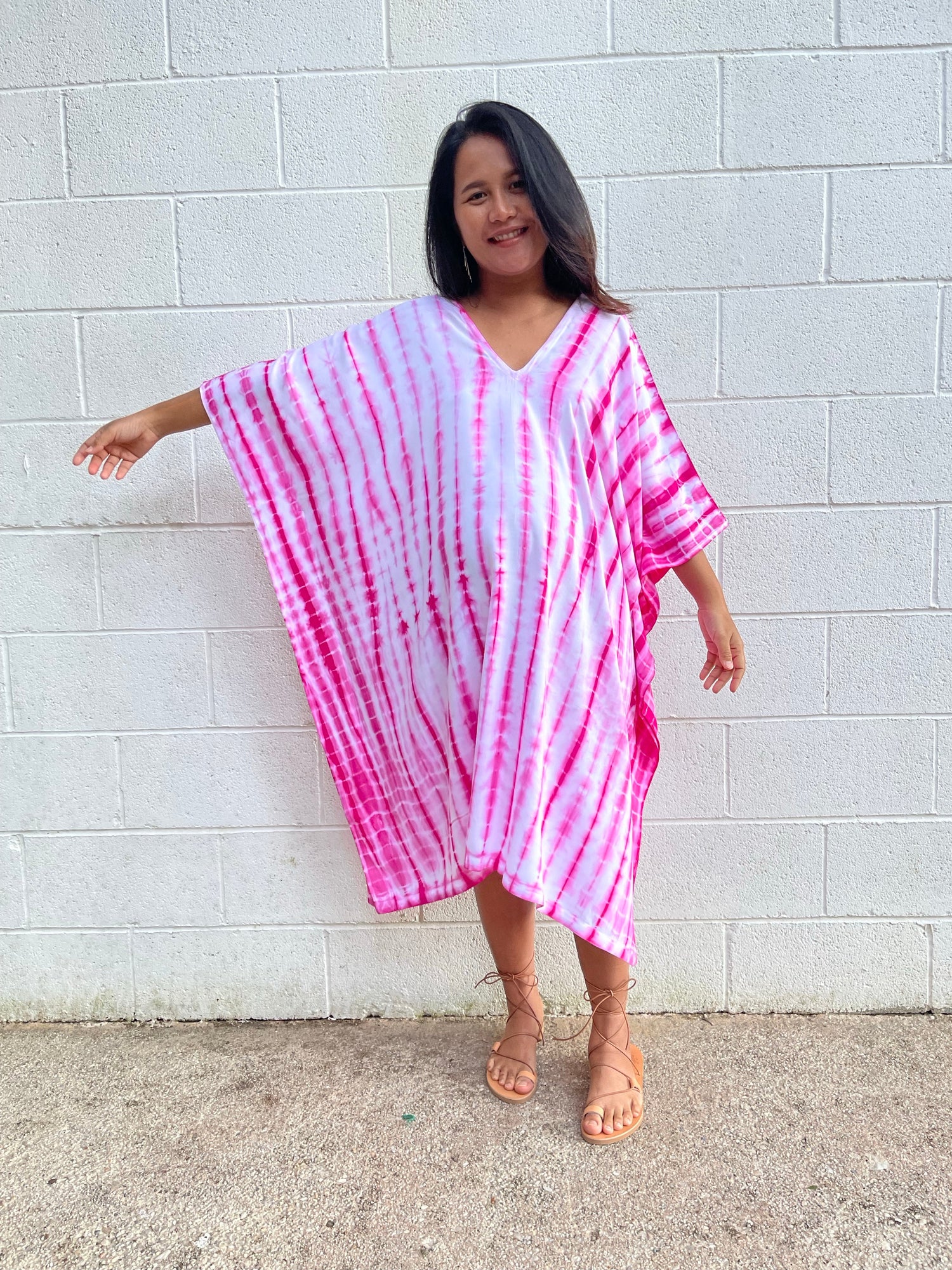 MALA handworks Fiona Midi Kaftan in White and Pink Tie Dye