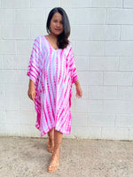 MALA handworks Fiona Midi Kaftan in White and Pink Tie Dye