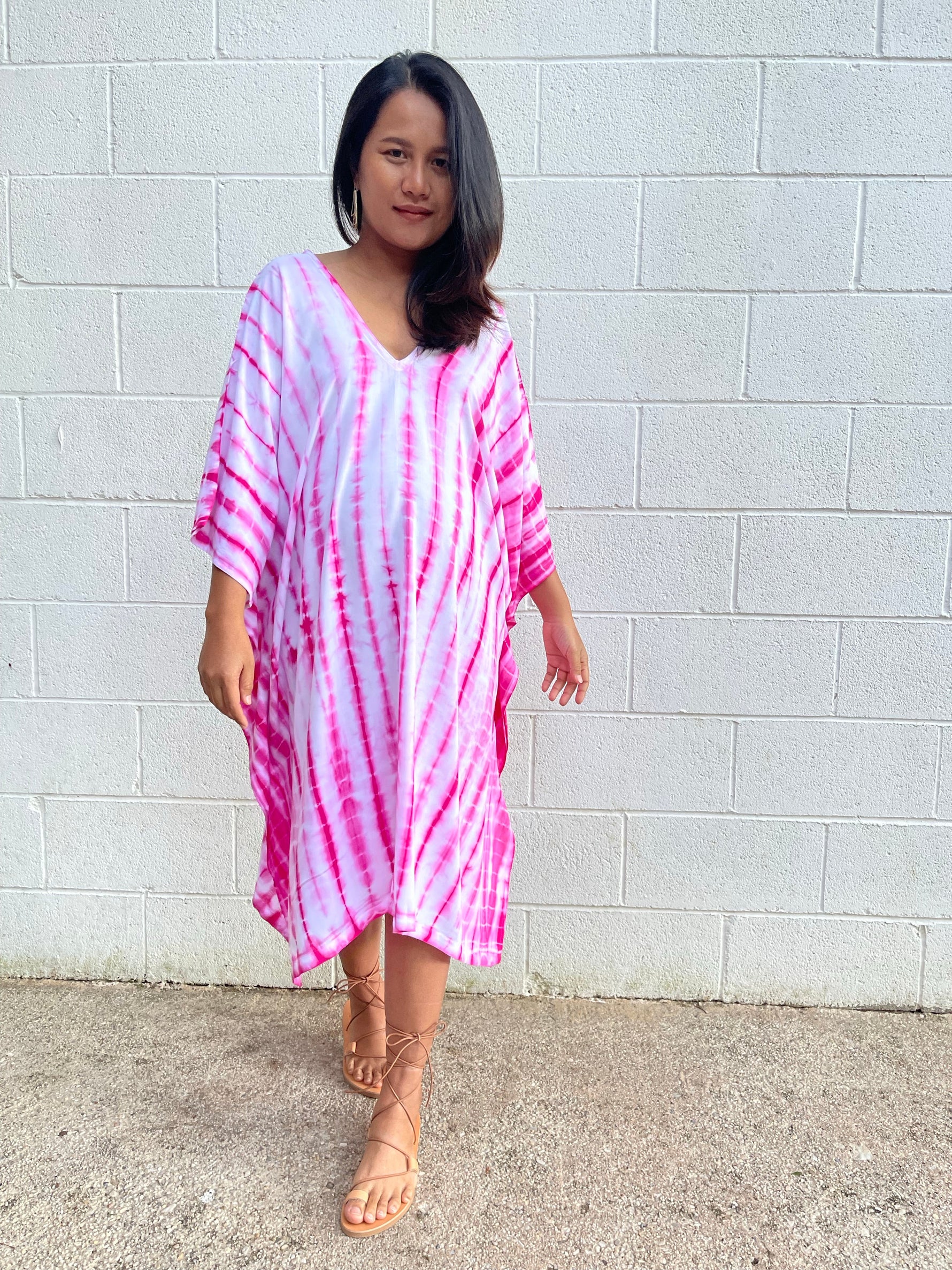 MALA handworks Fiona Midi Kaftan in White and Pink Tie Dye