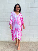 MALA handworks Fiona Midi Kaftan in White and Pink Tie Dye