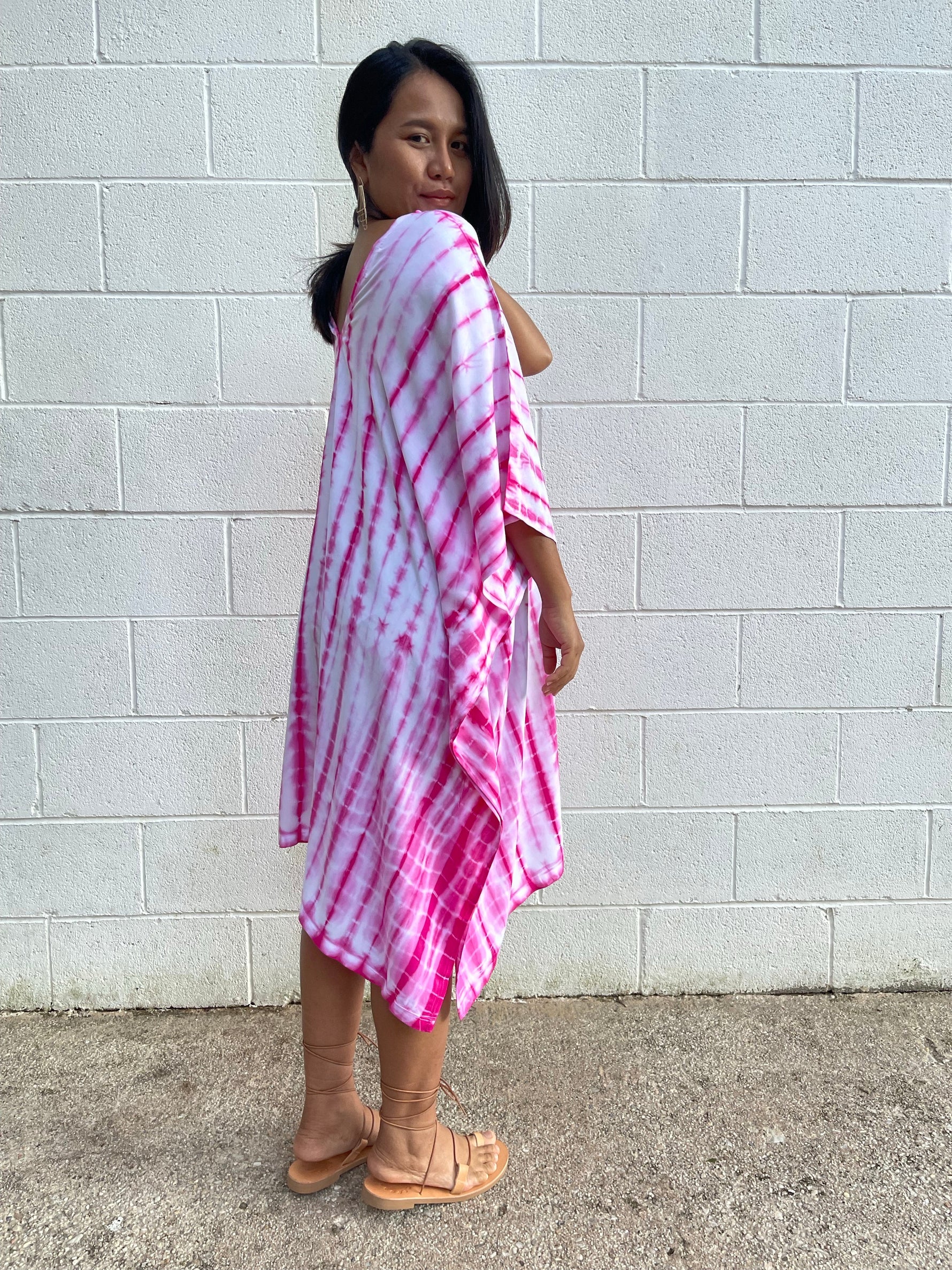 MALA handworks Fiona Midi Kaftan in White and Pink Tie Dye