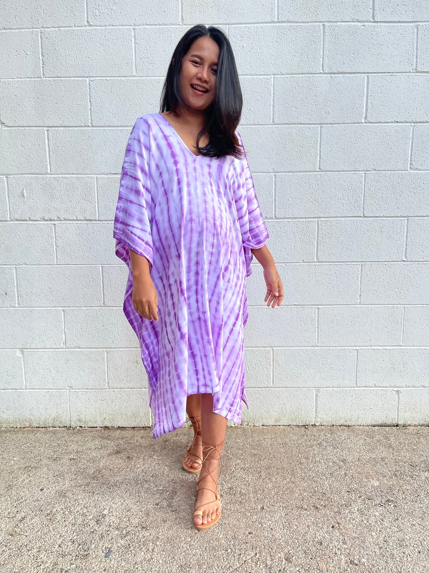 MALA handworks Fiona Midi Kaftan in White and Purple Tie Dye