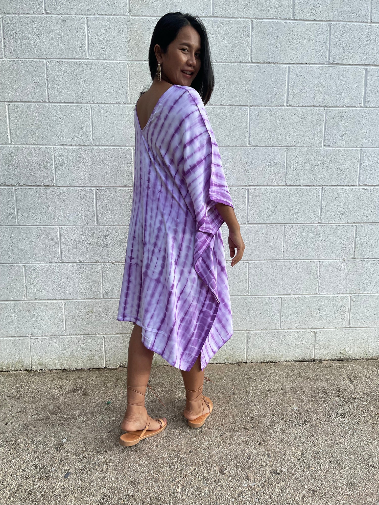 MALA handworks Fiona Midi Kaftan in White and Purple Tie Dye