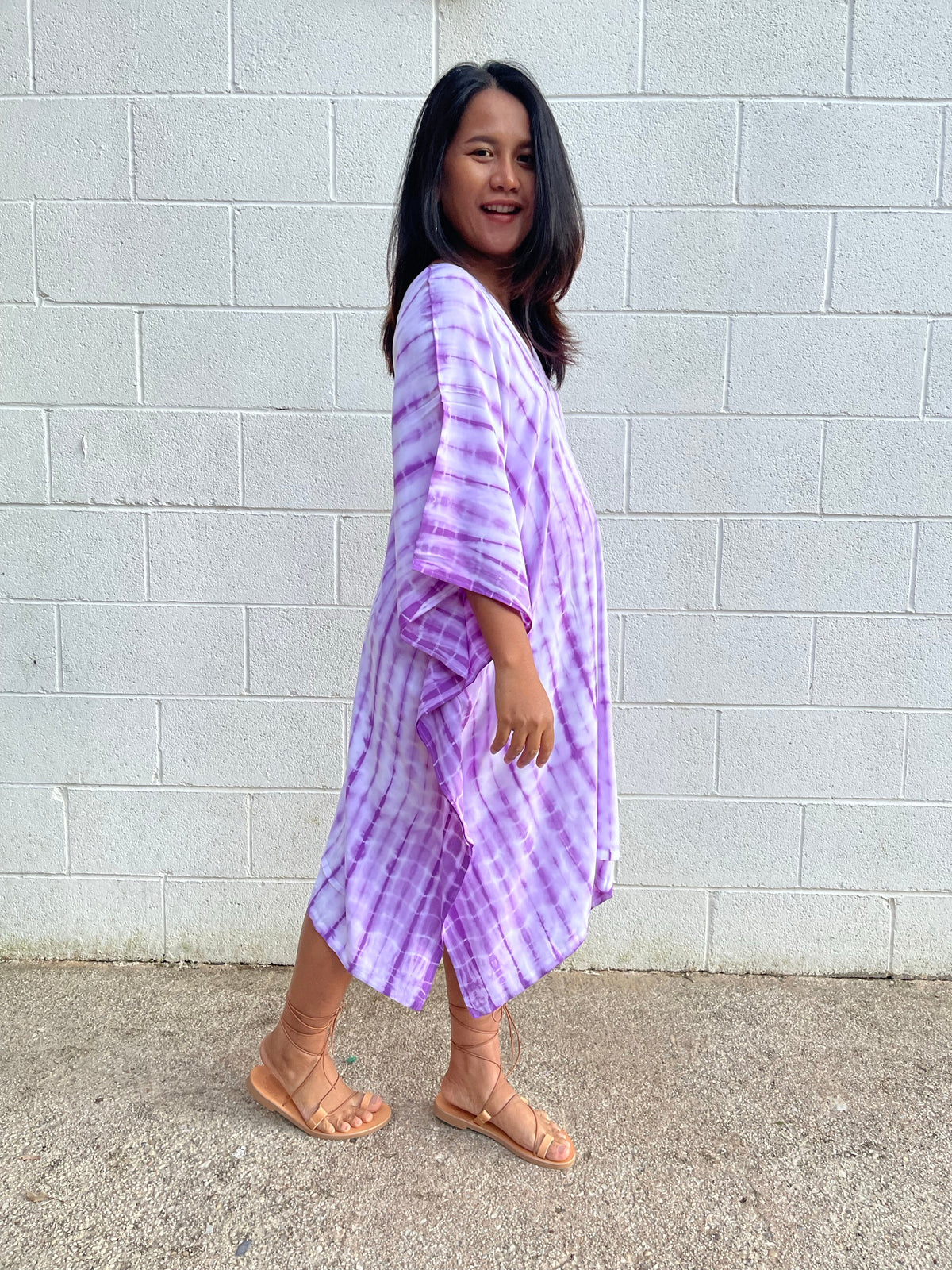MALA handworks Fiona Midi Kaftan in White and Purple Tie Dye