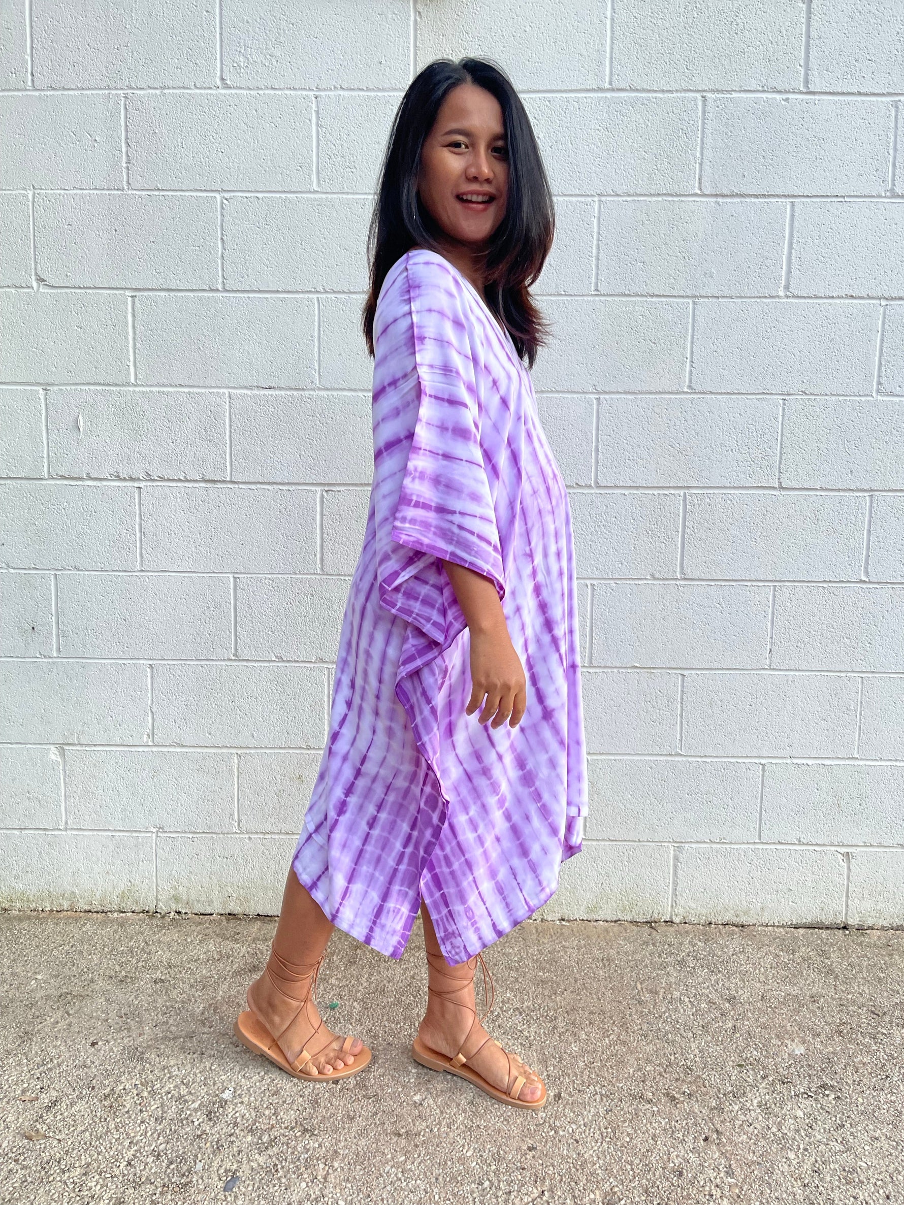 MALA handworks Fiona Midi Kaftan in White and Purple Tie Dye