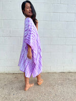 MALA handworks Fiona Midi Kaftan in White and Purple Tie Dye