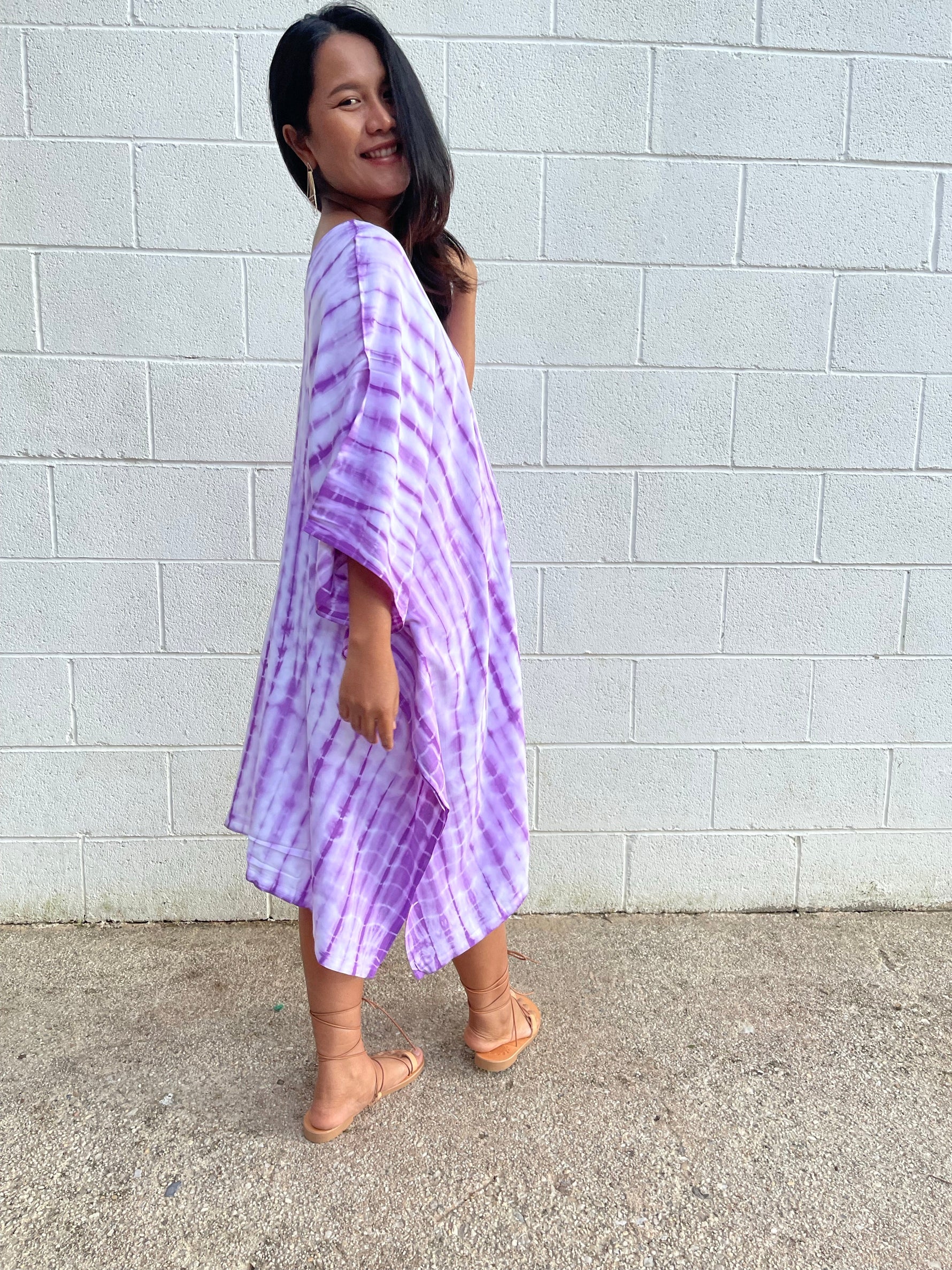MALA handworks Fiona Midi Kaftan in White and Purple Tie Dye