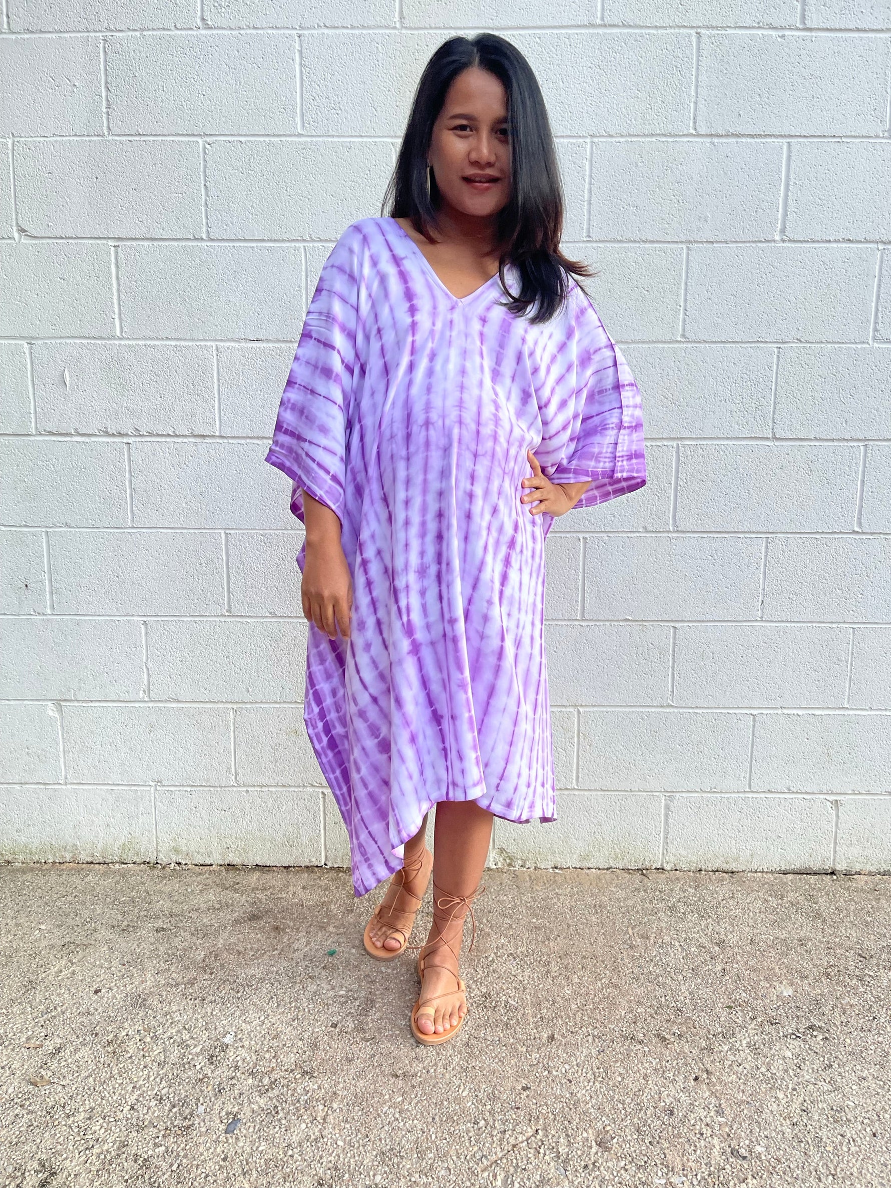 MALA handworks Fiona Midi Kaftan in White and Purple Tie Dye