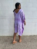 MALA handworks Fiona Midi Kaftan in White and Purple Tie Dye