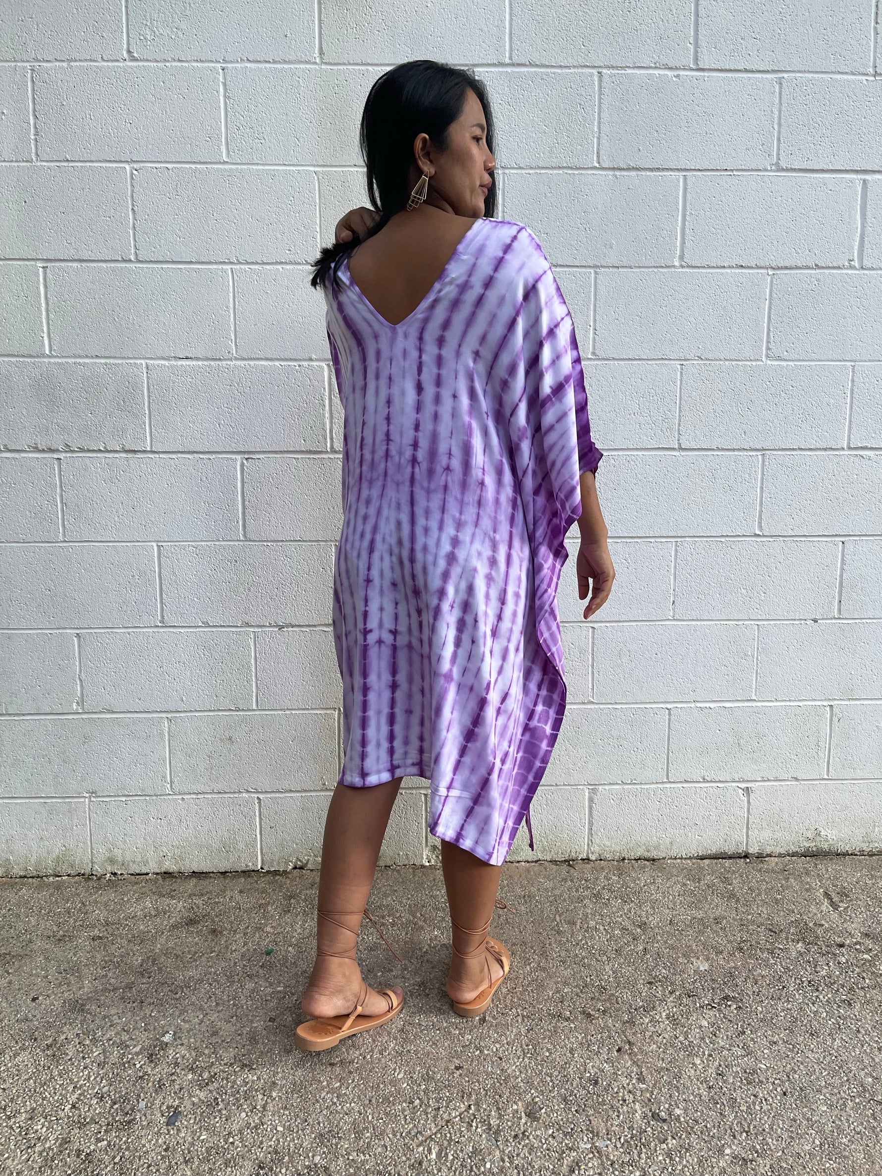 MALA handworks Fiona Midi Kaftan in White and Purple Tie Dye