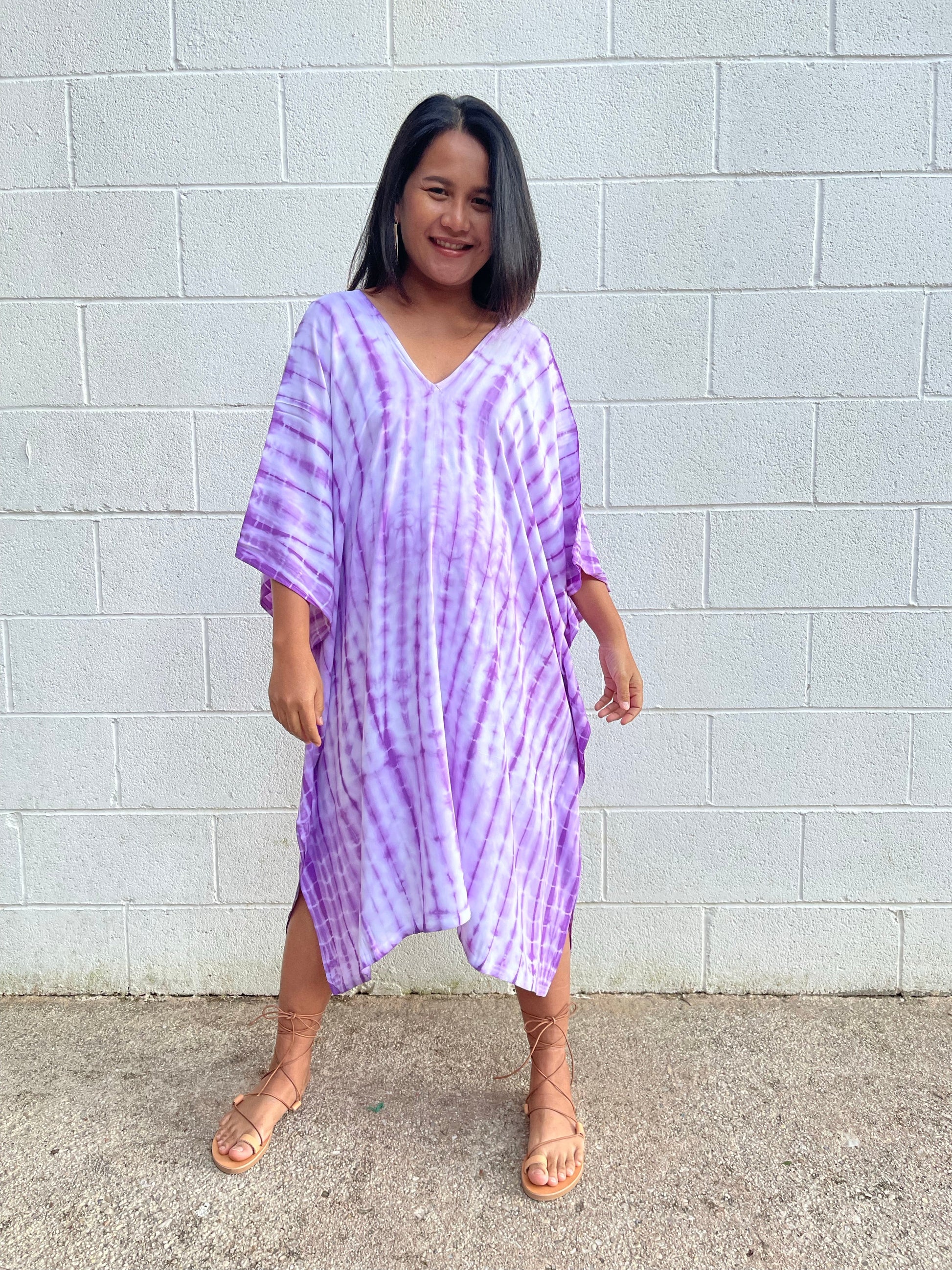 MALA handworks Fiona Midi Kaftan in White and Purple Tie Dye