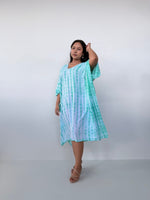 Fiona Midi Kaftan in White & Aqua Tie Dye-FR-29-Mala Handworks