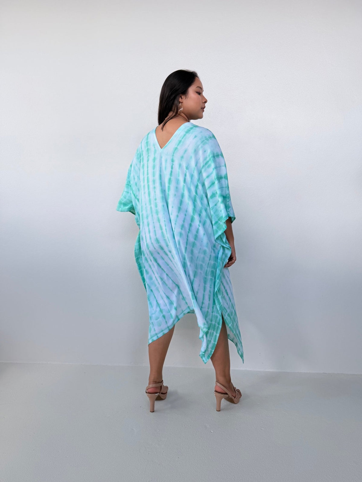 Fiona Midi Kaftan in White & Aqua Tie Dye-FR-29-Mala Handworks