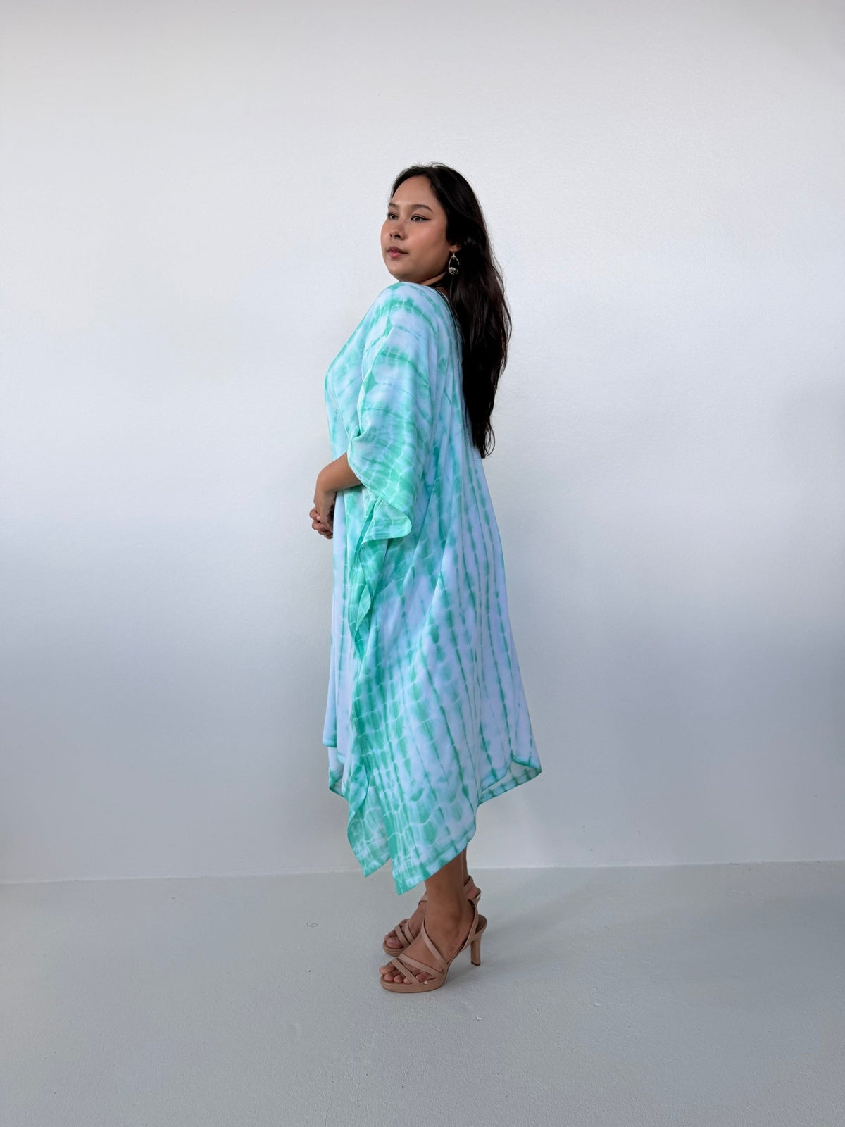 Fiona Midi Kaftan in White & Aqua Tie Dye-FR-29-Mala Handworks