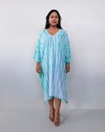 Fiona Midi Kaftan in White & Aqua Tie Dye-FR-29-Mala Handworks