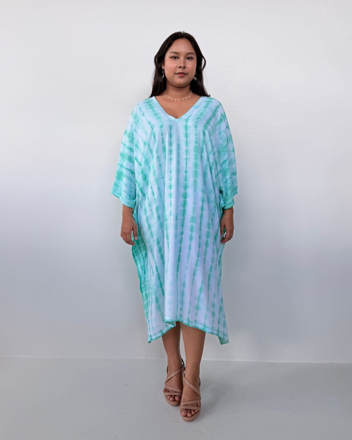Fiona Midi Kaftan in White & Aqua Tie Dye-FR-29-Mala Handworks
