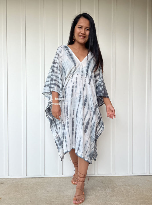 MALA handworks  Flora Midi Kaftan in White and Black Tie Dye