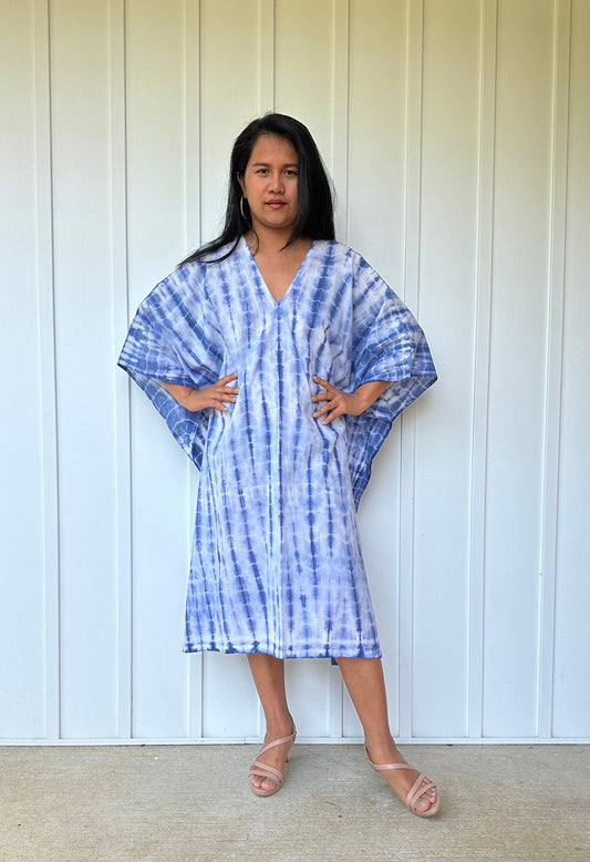 MALA handworks  Flora Midi Kaftan in White and Blue Tie Dye