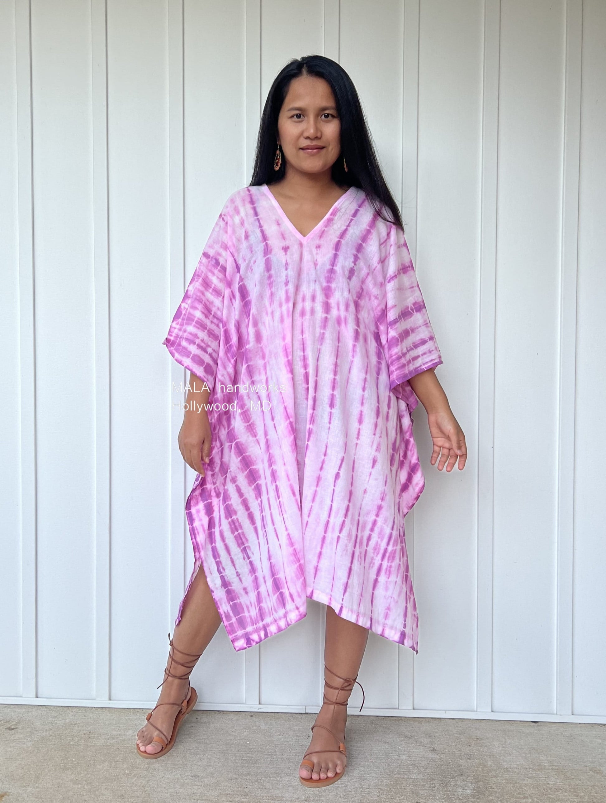 MALA handworks  Flora Midi Kaftan in White and Fuchsia Tie Dye