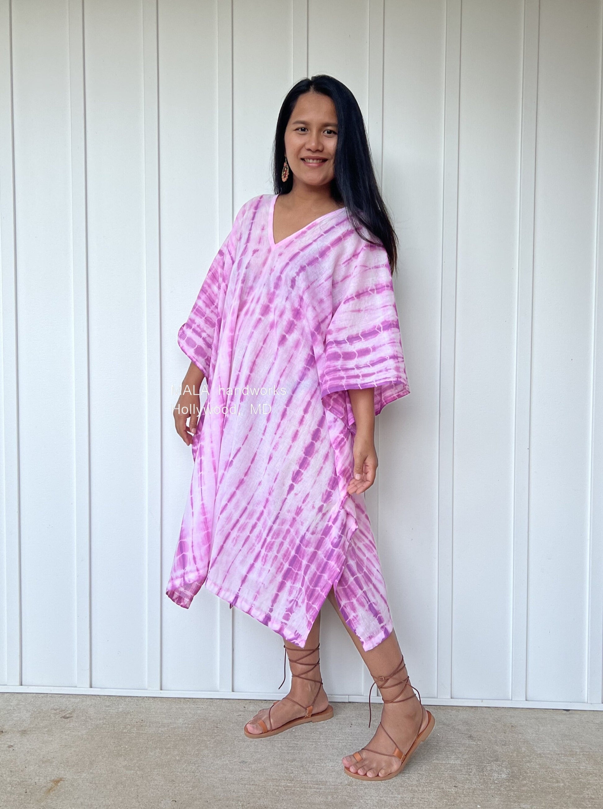 MALA handworks  Flora Midi Kaftan in White and Fuchsia Tie Dye