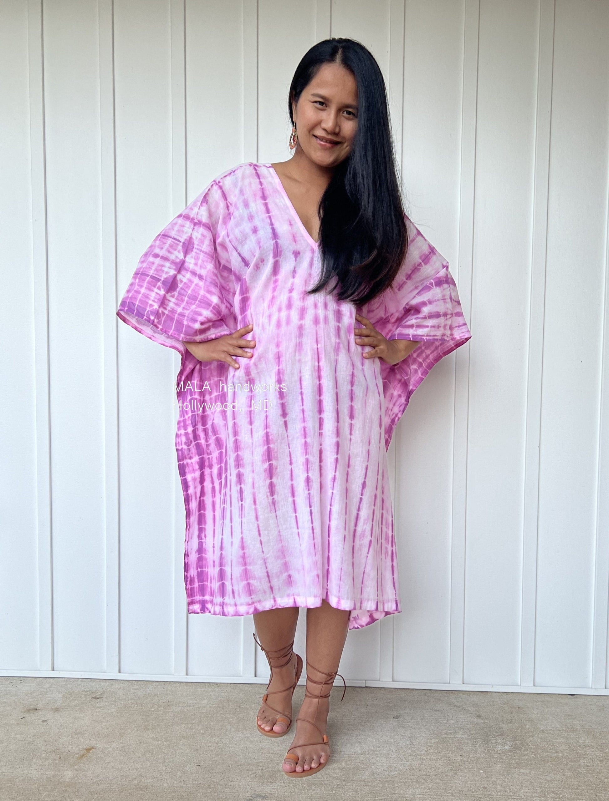 MALA handworks  Flora Midi Kaftan in White and Fuchsia Tie Dye