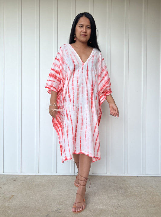 MALA handworks  Flora Midi Kaftan in White with Orange Tie Dye