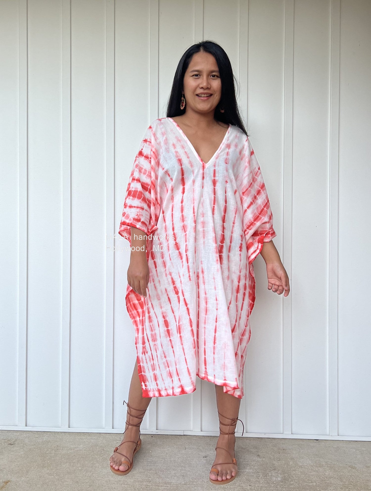MALA handworks  Flora Midi Kaftan in White with Orange Tie Dye