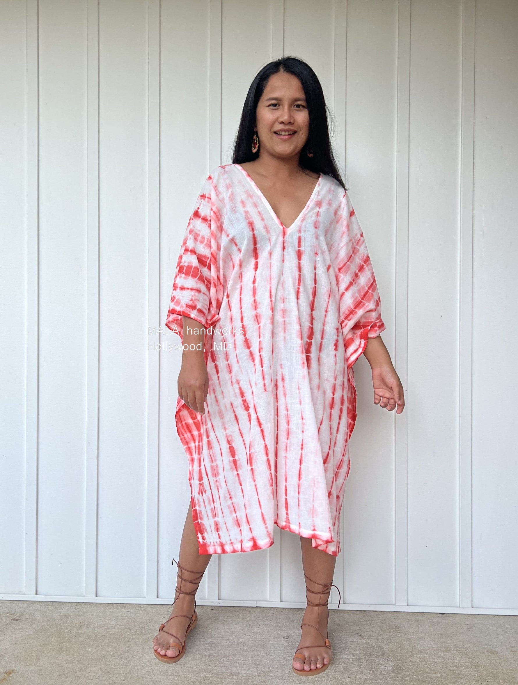 MALA handworks  Flora Midi Kaftan in White with Orange Tie Dye