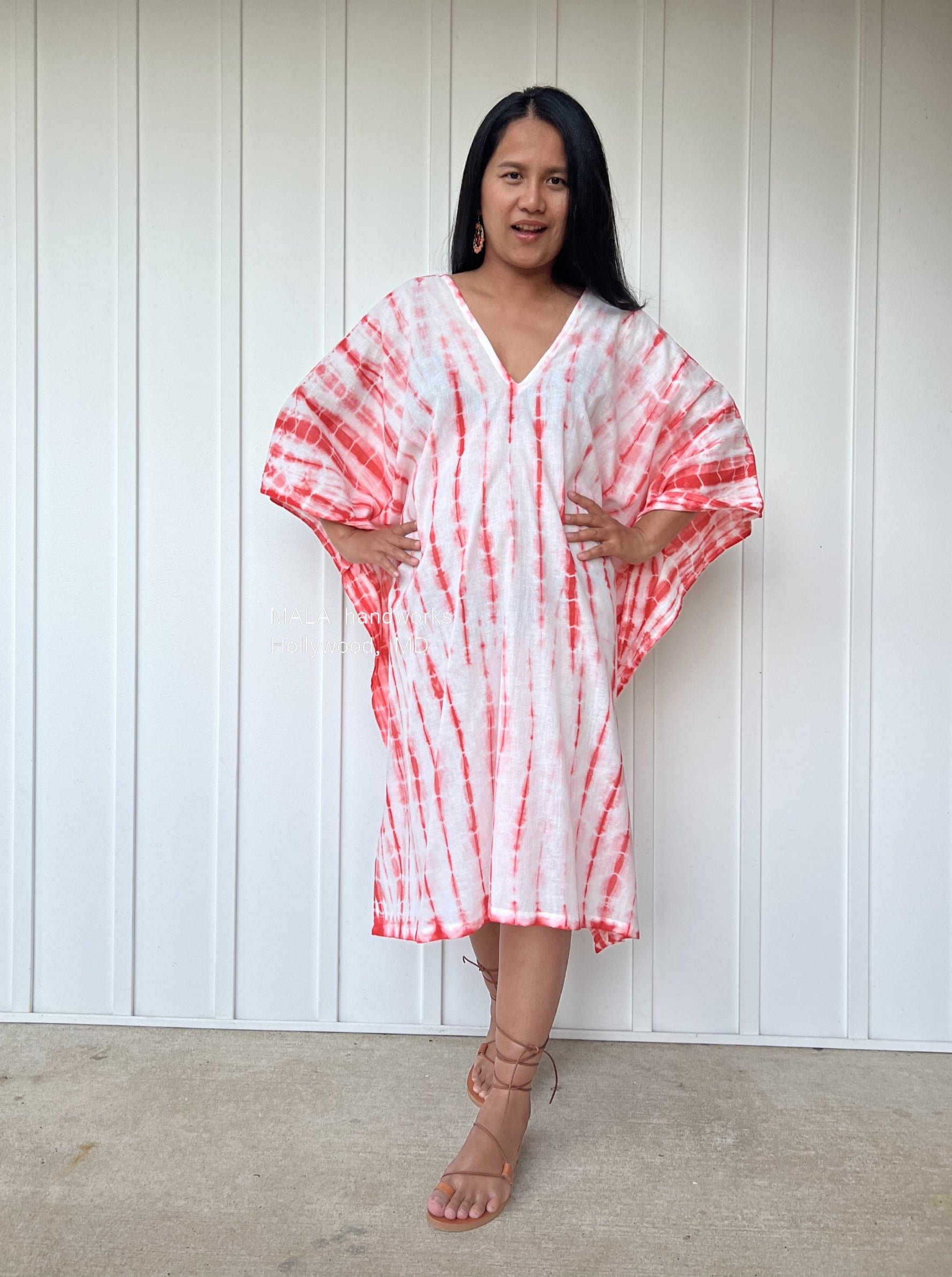 MALA handworks  Flora Midi Kaftan in White with Orange Tie Dye