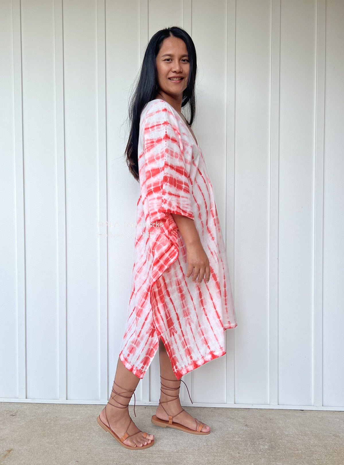 MALA handworks  Flora Midi Kaftan in White with Orange Tie Dye