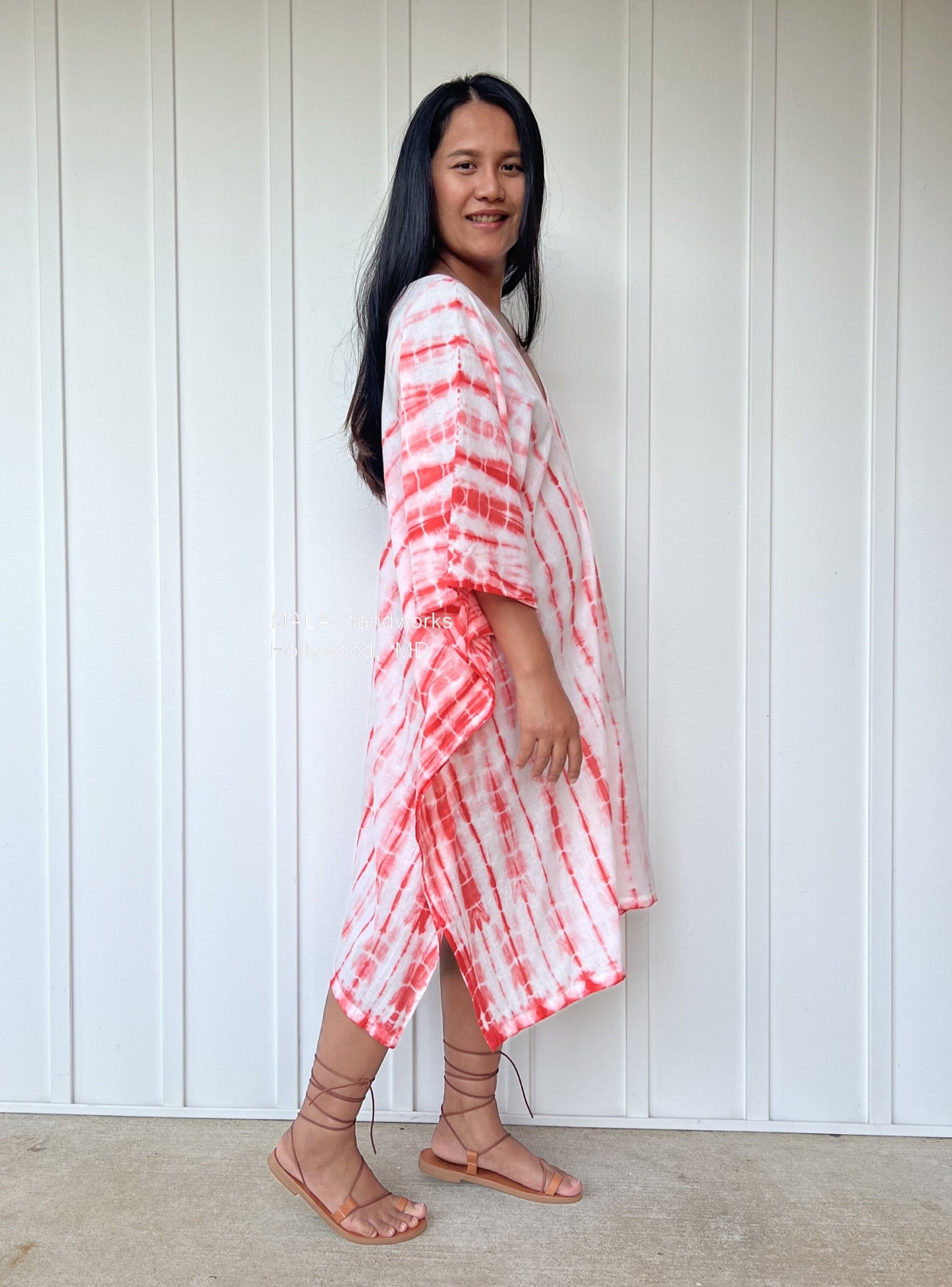MALA handworks  Flora Midi Kaftan in White with Orange Tie Dye