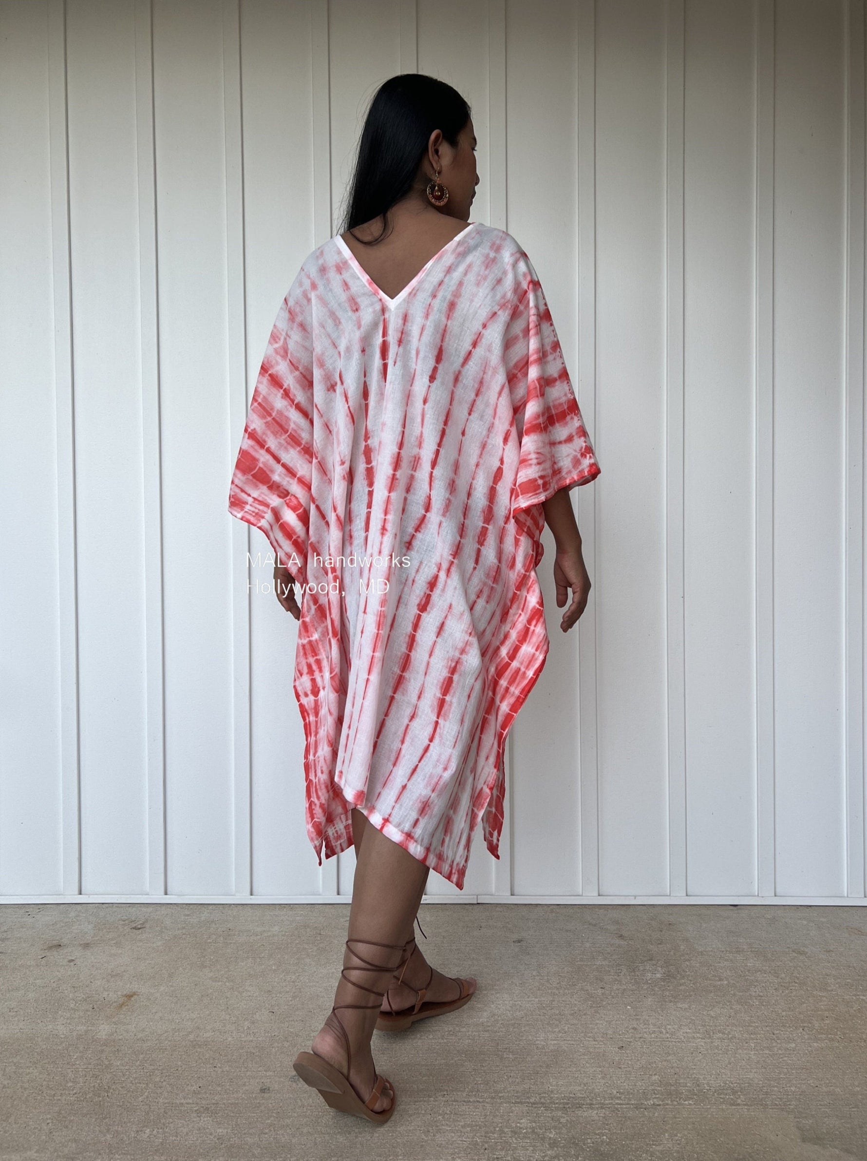 MALA handworks  Flora Midi Kaftan in White with Orange Tie Dye