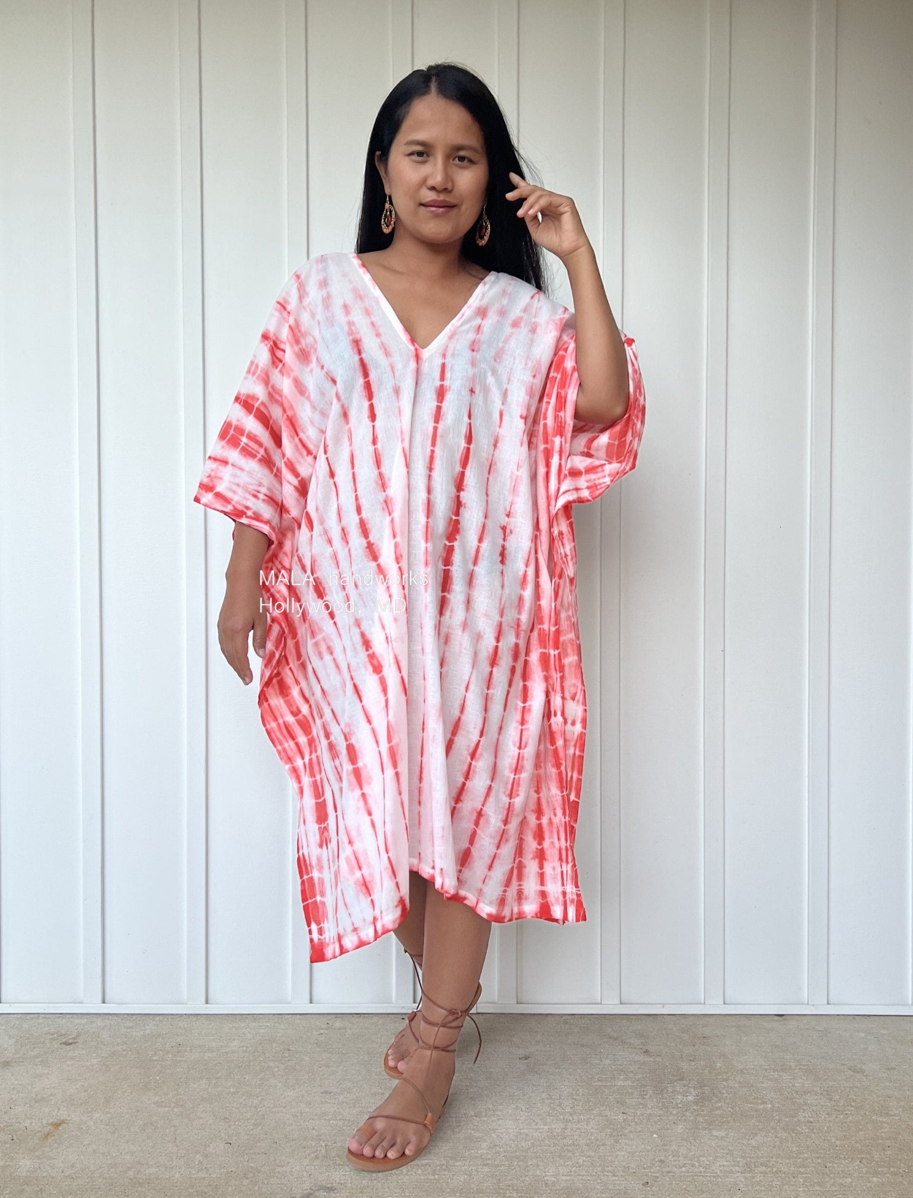 MALA handworks  Flora Midi Kaftan in White with Orange Tie Dye
