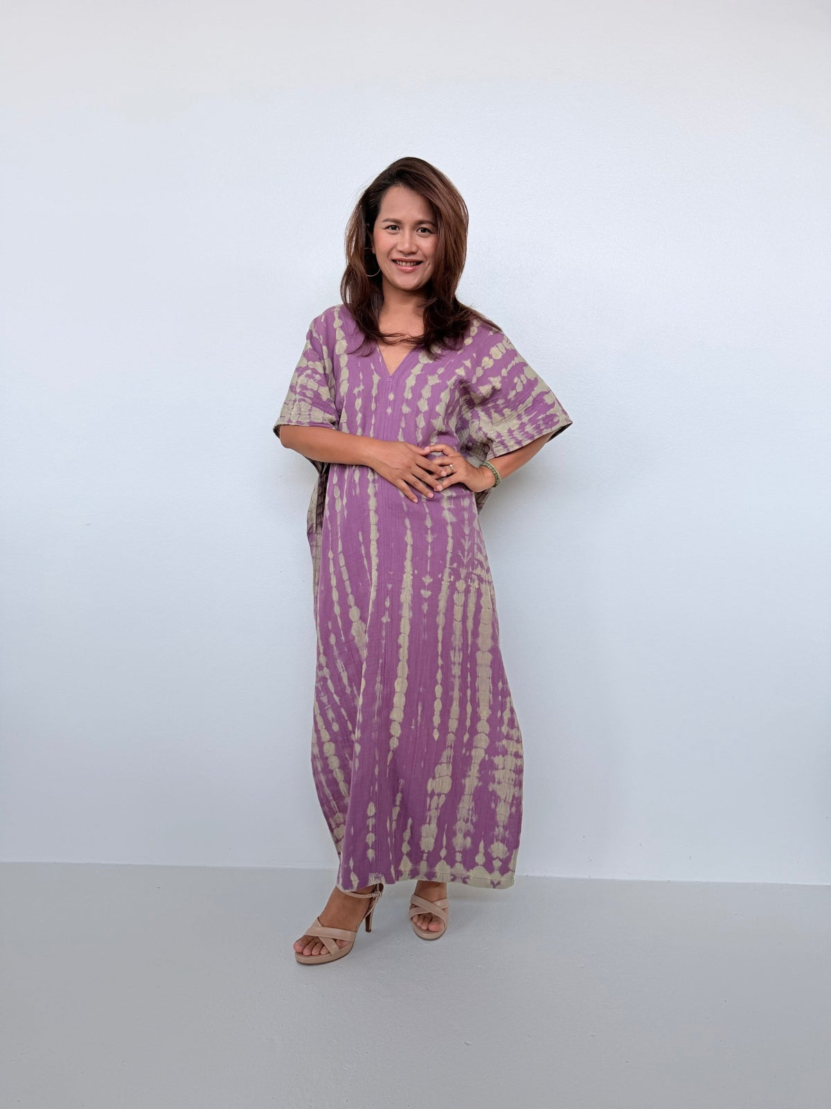 Gloria Cotton Kaftan in Lavender with Gray Tie Dye - Mala Handworks