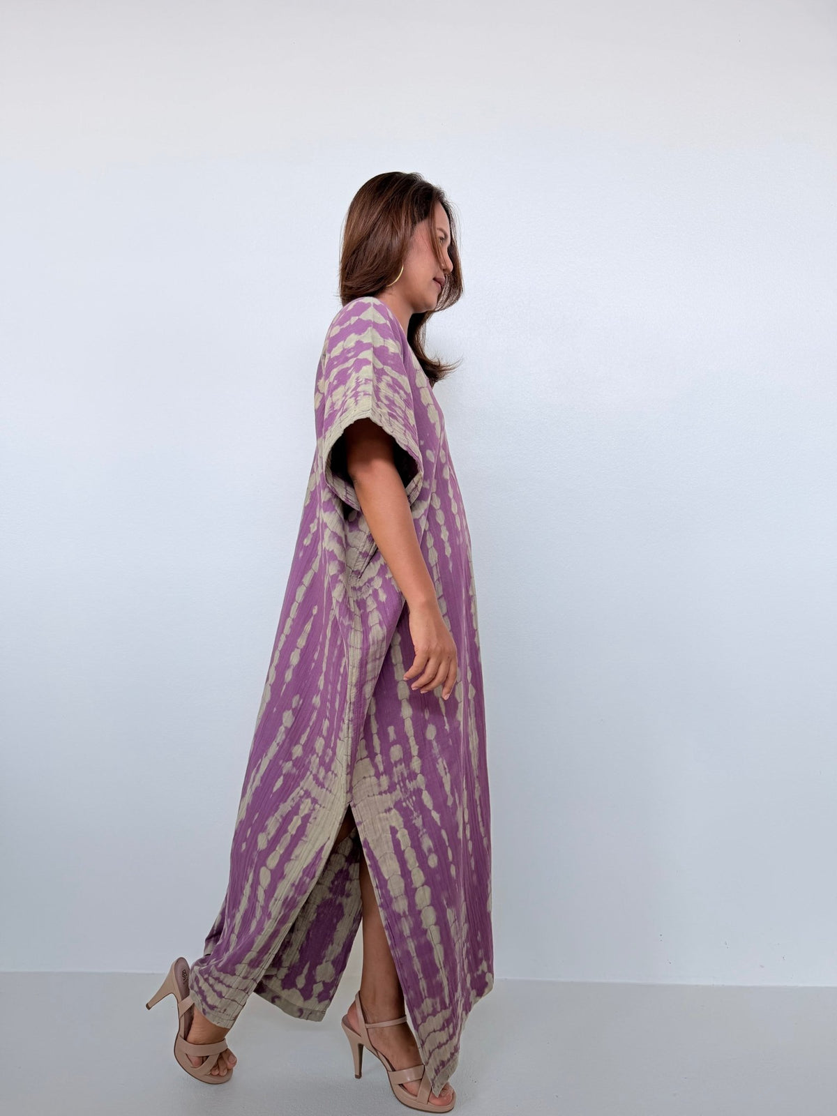 Gloria Cotton Kaftan in Lavender with Gray Tie Dye - Mala Handworks