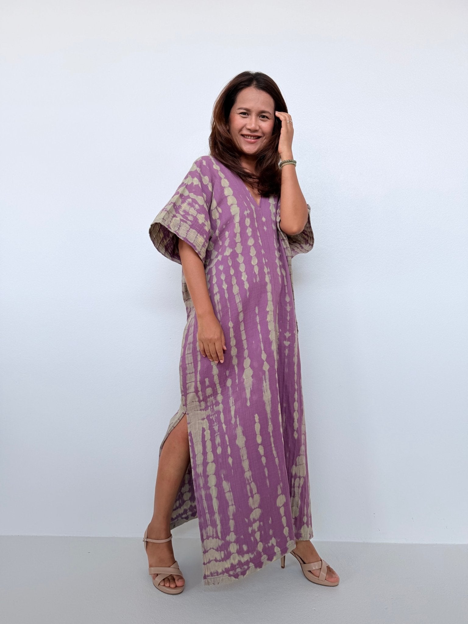 Gloria Cotton Kaftan in Lavender with Gray Tie Dye - Mala Handworks