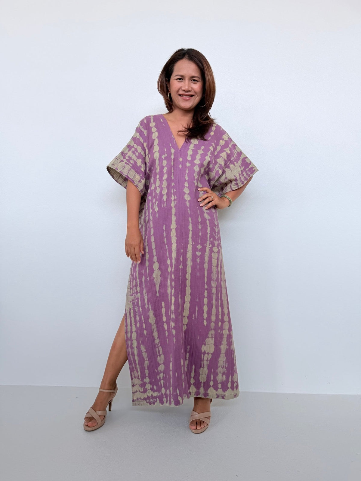 Gloria Cotton Kaftan in Lavender with Gray Tie Dye - Mala Handworks