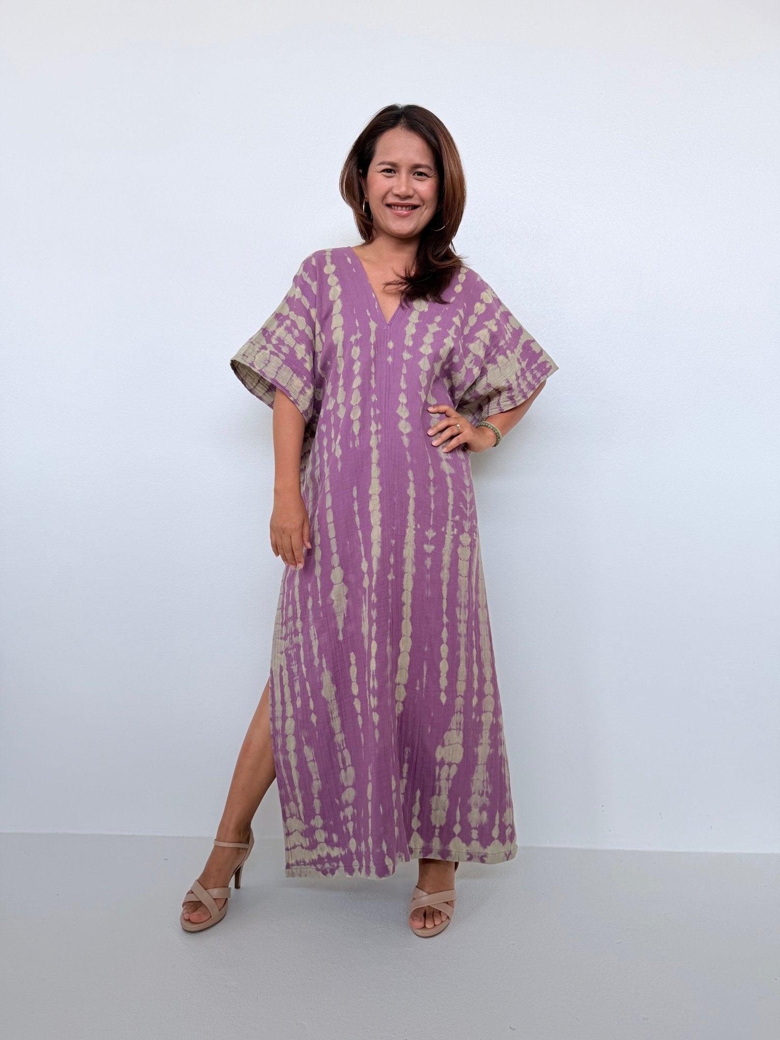 Gloria Cotton Kaftan in Lavender with Gray Tie Dye - Mala Handworks