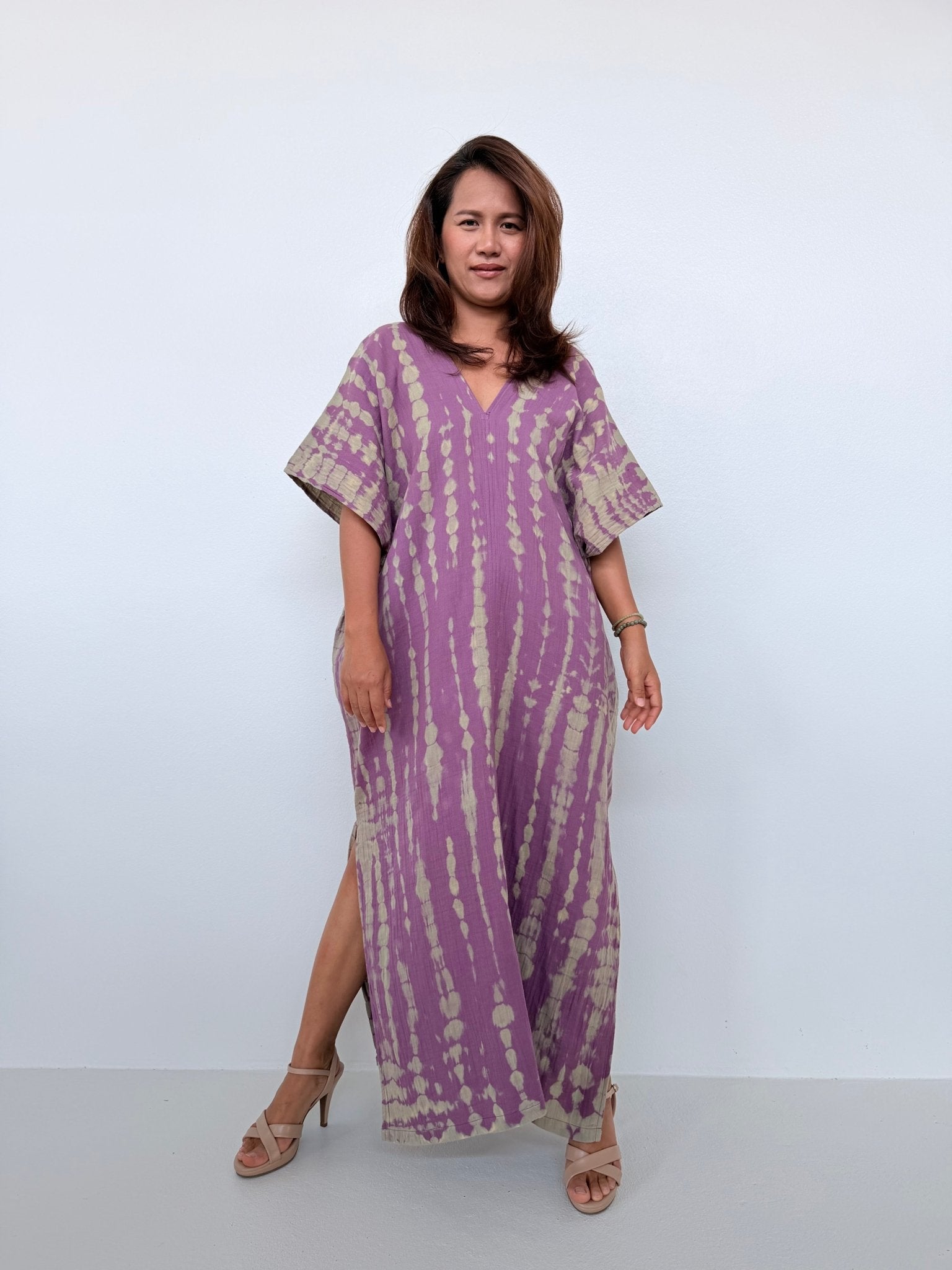 Gloria Cotton Kaftan in Lavender with Gray Tie Dye - Mala Handworks