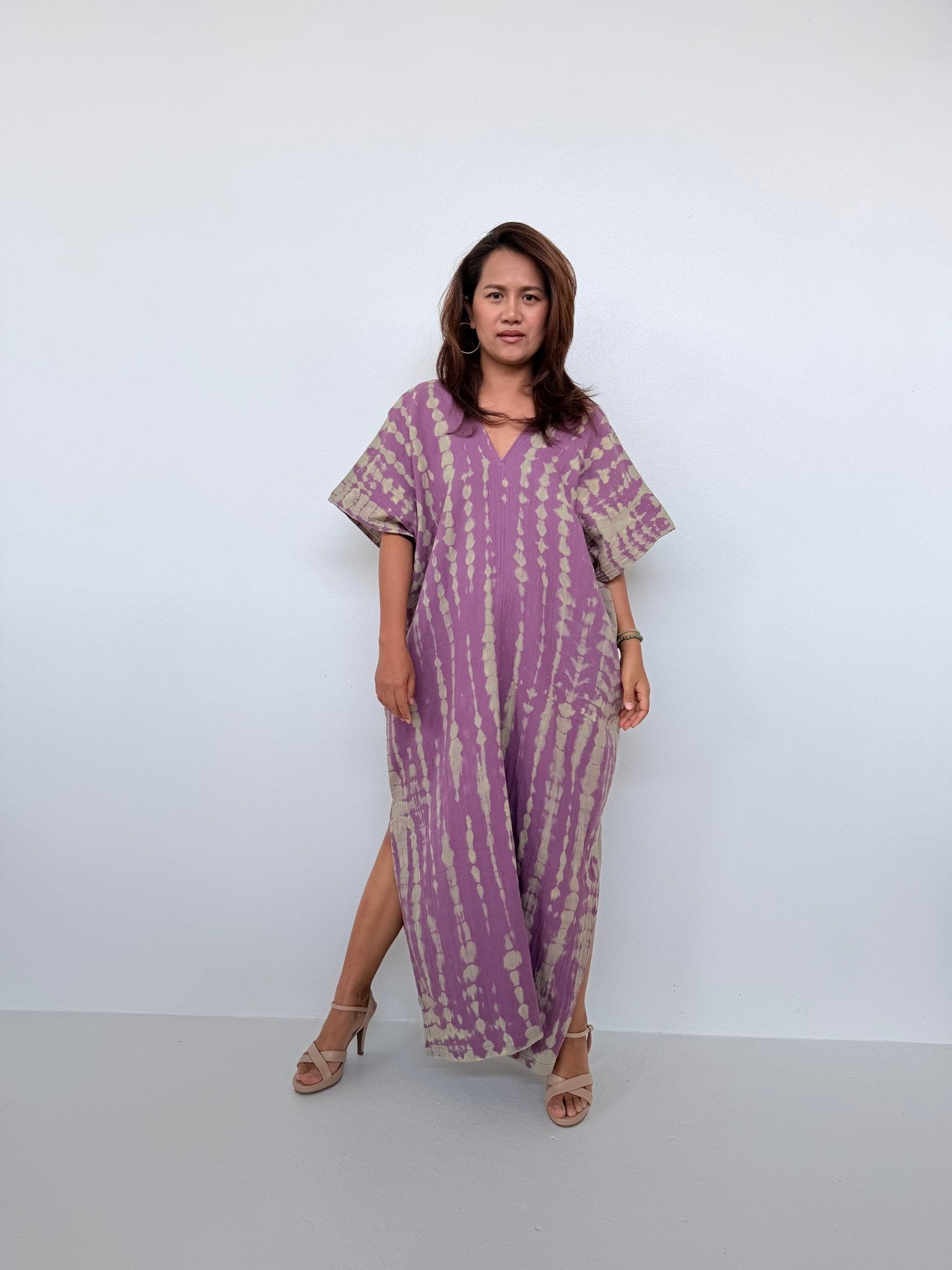 Gloria Cotton Kaftan in Lavender with Gray Tie Dye - Mala Handworks