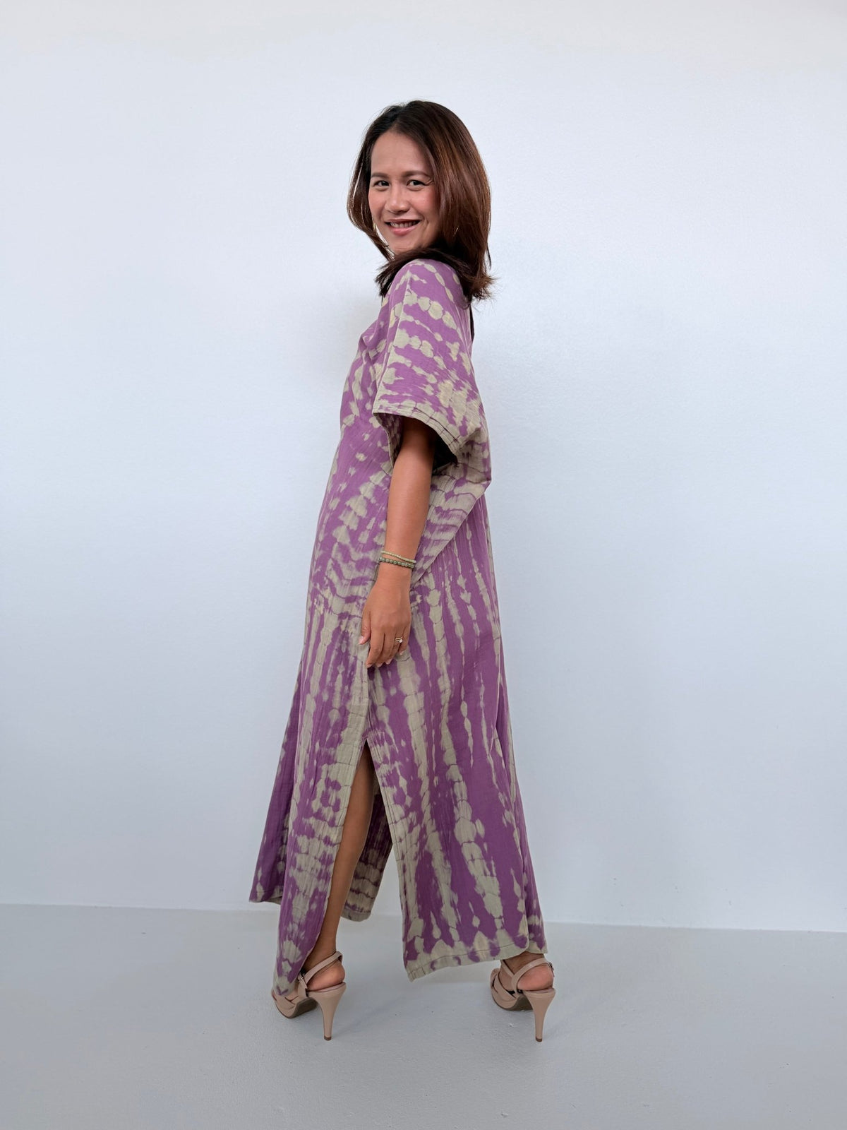 Gloria Cotton Kaftan in Lavender with Gray Tie Dye - Mala Handworks