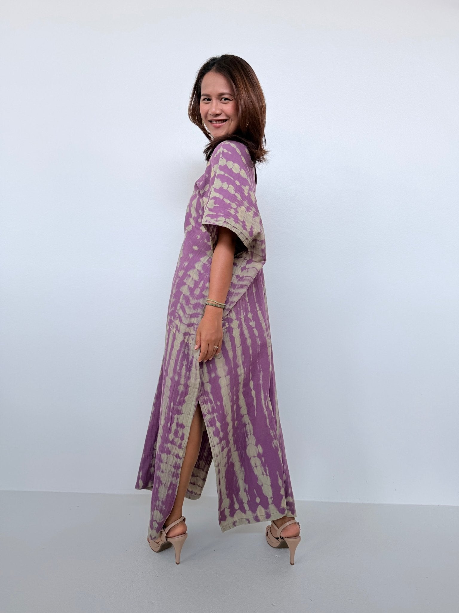 Gloria Cotton Kaftan in Lavender with Gray Tie Dye - Mala Handworks