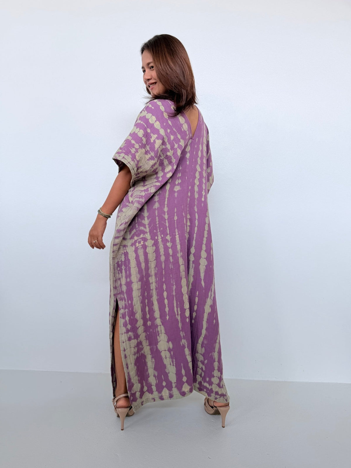 Gloria Cotton Kaftan in Lavender with Gray Tie Dye - Mala Handworks