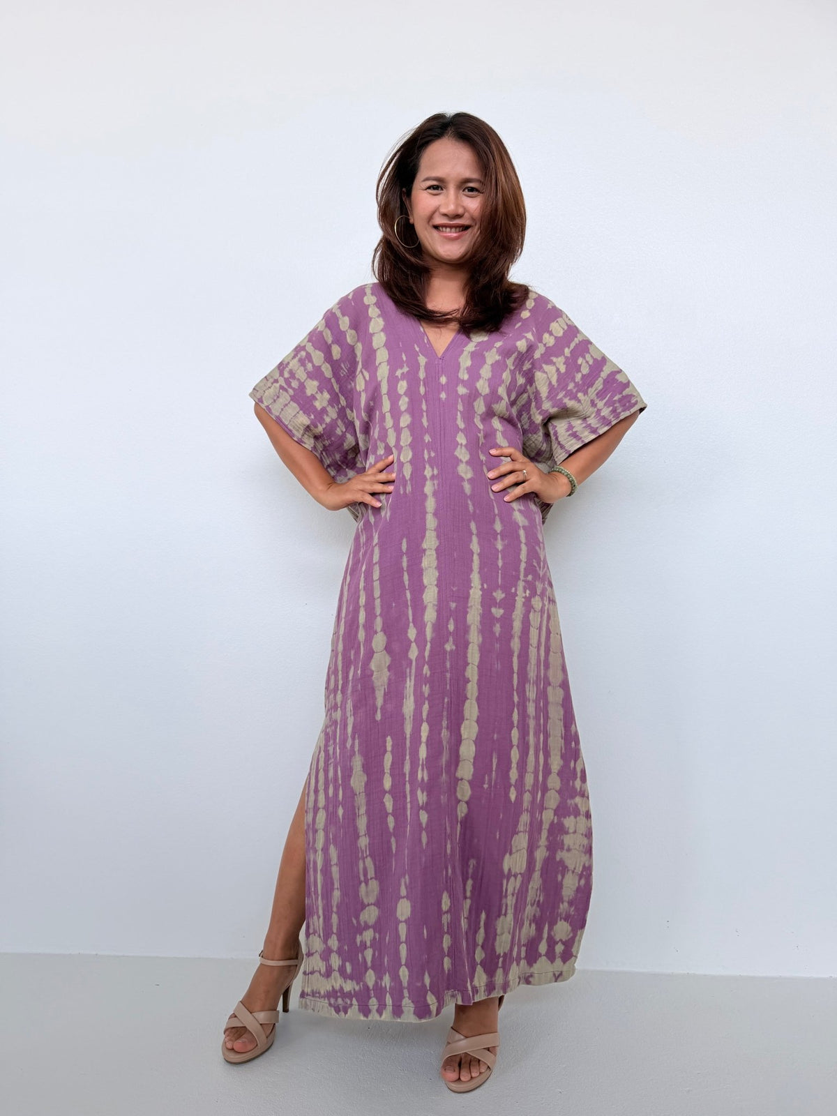 Gloria Cotton Kaftan in Lavender with Gray Tie Dye - Mala Handworks