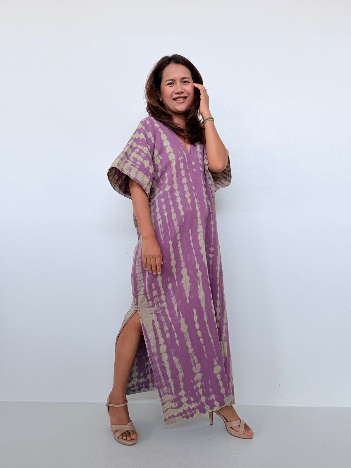 Gloria Cotton Kaftan in Lavender with Gray Tie Dye - Mala Handworks