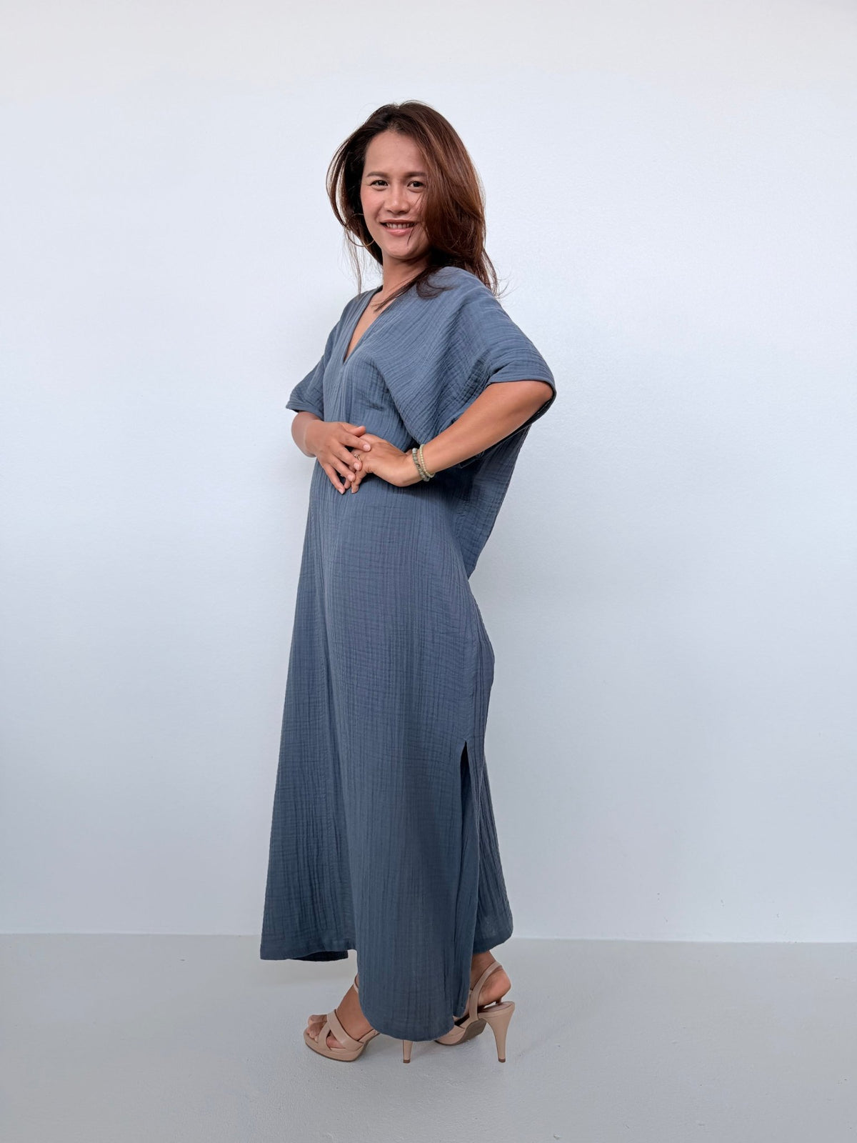 Gloria Cotton Kaftan in Slate - Mala Handworks