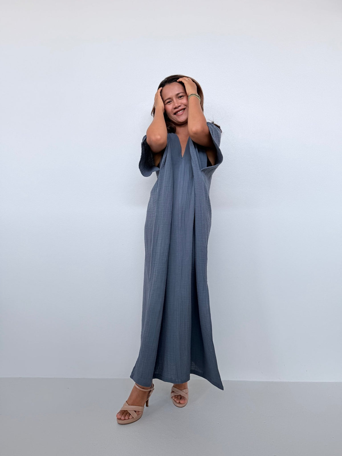 Gloria Cotton Kaftan in Slate - Mala Handworks
