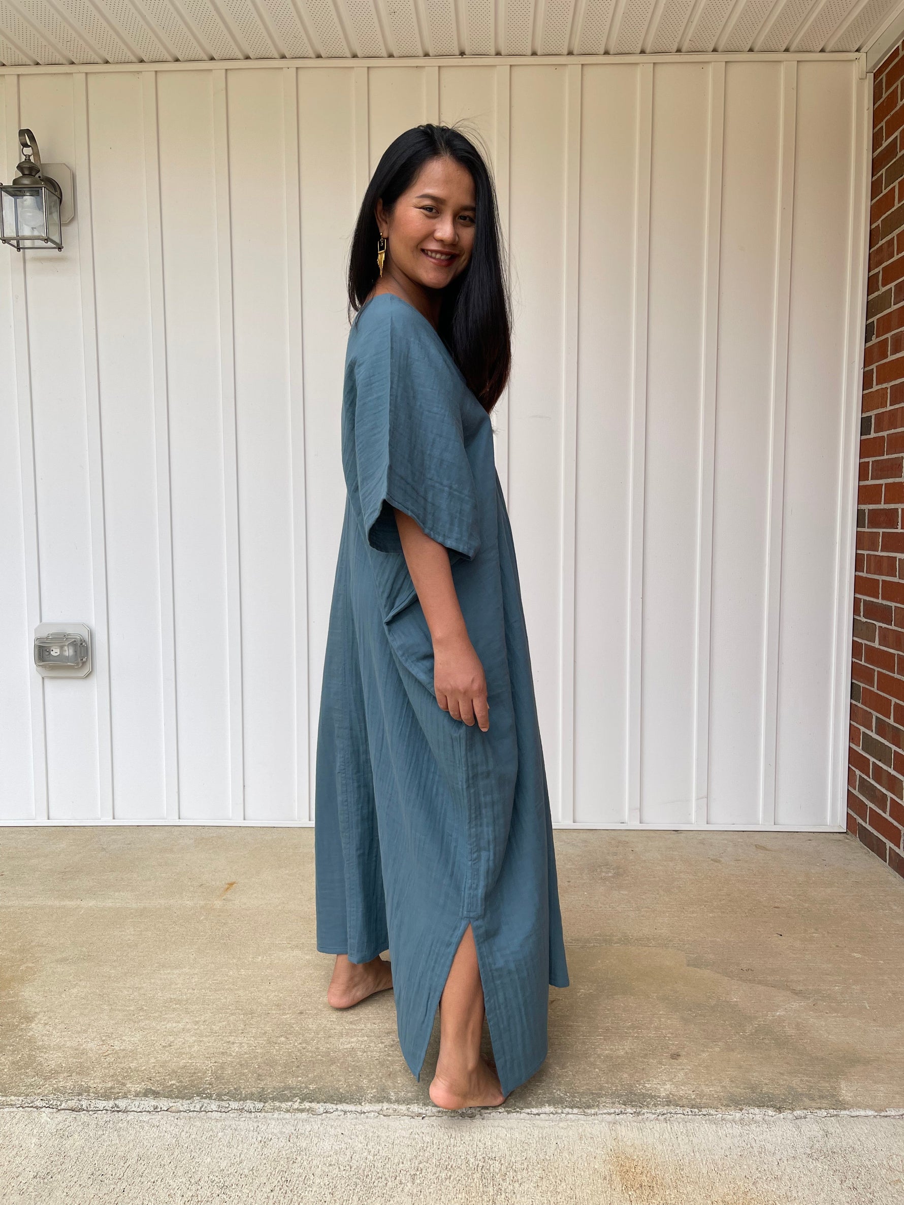 MALA handworks Grace Double Gauze Cotton Kaftan in Blue Gray