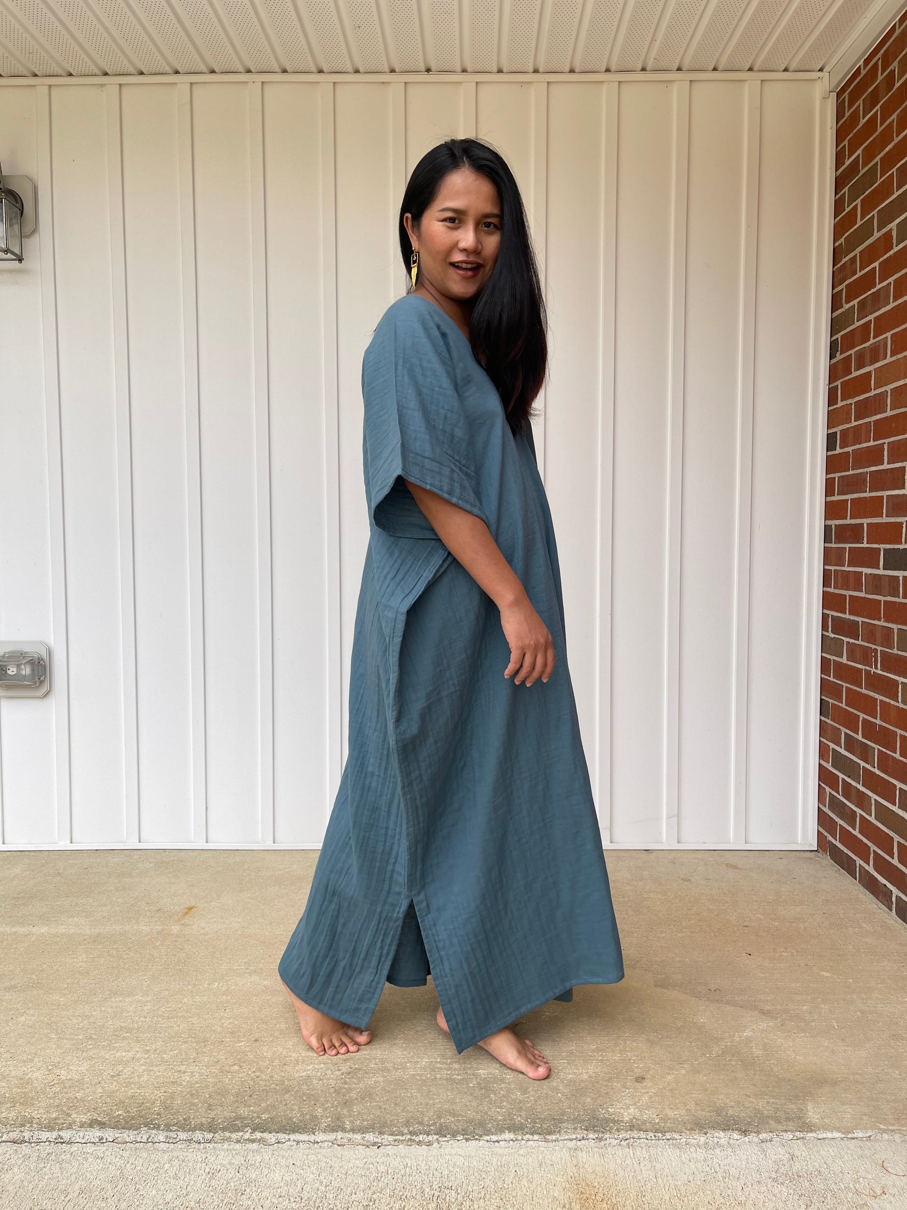 MALA handworks Grace Double Gauze Cotton Kaftan in Blue Gray
